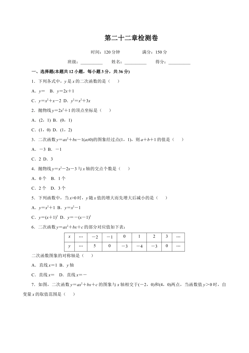 人教版数学九年级上册第22章 二次函数检测卷.doc_第1页