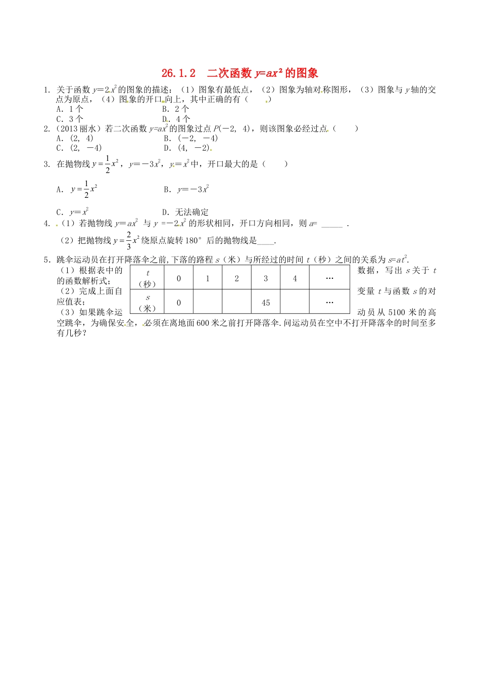 人教版数学九年级下册26.1.2 二次函数y=ax2的图象同步练习 新人教版.doc_第1页