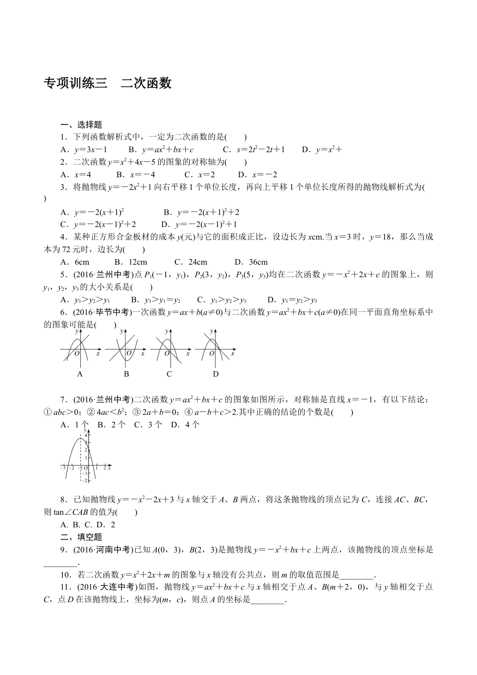 人教版数学九年级下册专项训练三 二次函数.doc_第1页