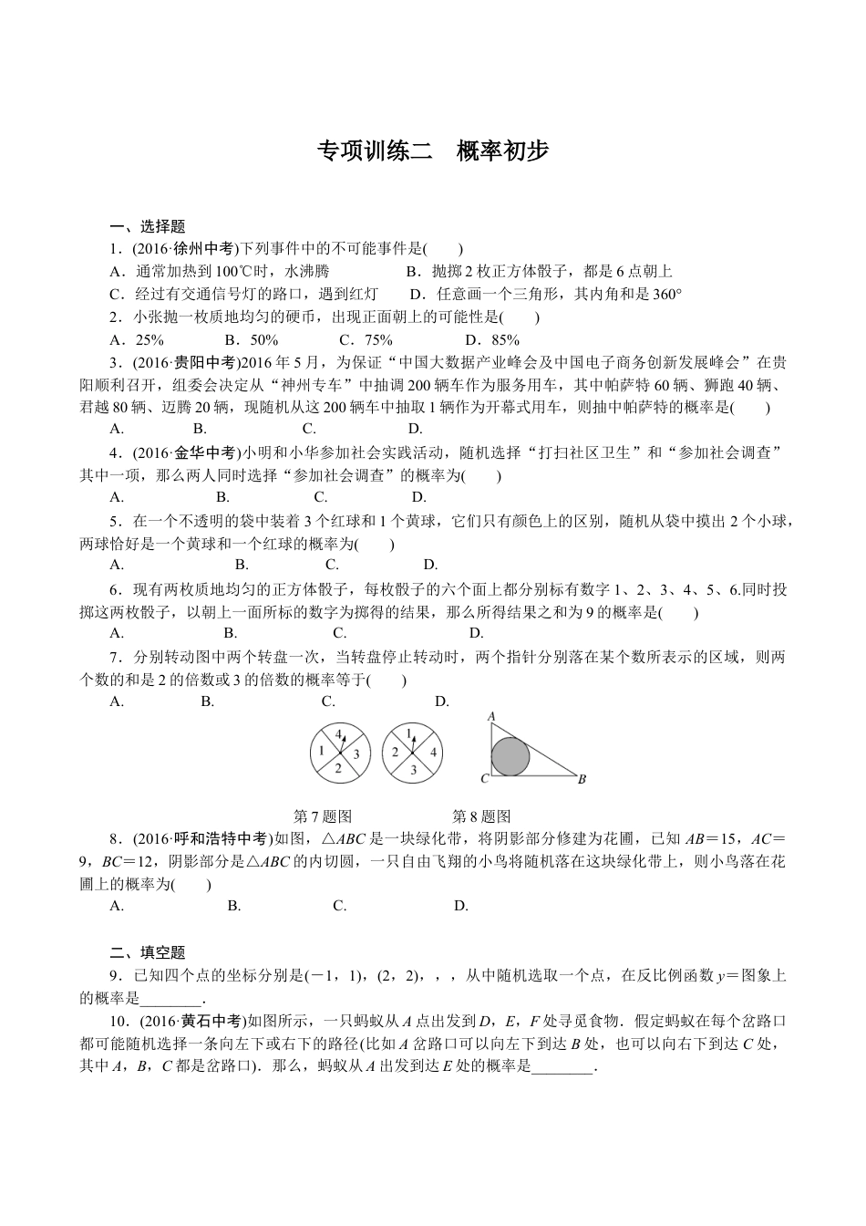 人教版数学九年级下册专项训练二 概率初步.doc_第1页