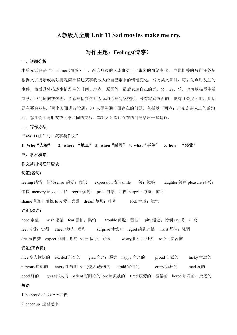 人教版初三英语九年级-专题11 九全Unit11写作主题:情感(人教版).docx_第1页