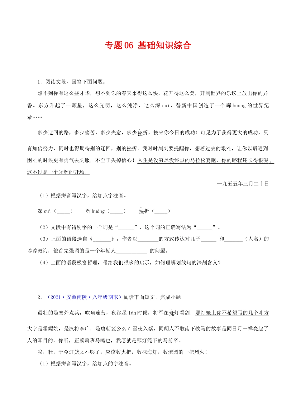 语文八年级下册 专题06:基础综合(原卷版).docx_第1页