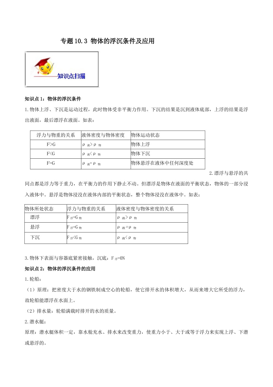 10.3 物体的浮沉条件及应用(原卷版)-八年级下册物理精讲精练(人教版).docx_第1页
