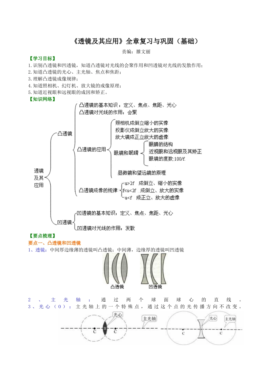 初二物理上册-《透镜及其应用》全章复习与巩固(基础) 知识讲解.docx_第1页