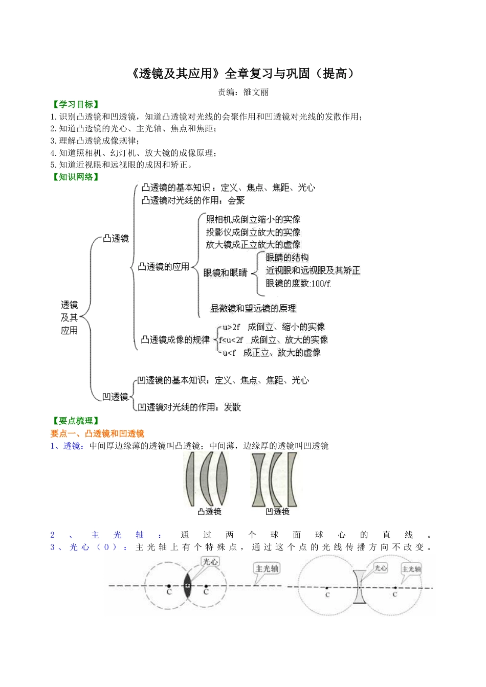 初二物理上册-《透镜及其应用》全章复习与巩固(提高) 知识讲解.docx_第1页