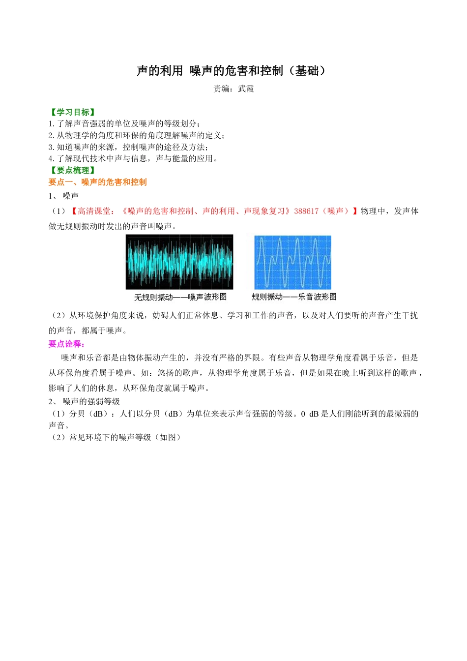 初二物理上册-声的利用 噪声的危害和控制(基础)知识讲解.docx_第1页