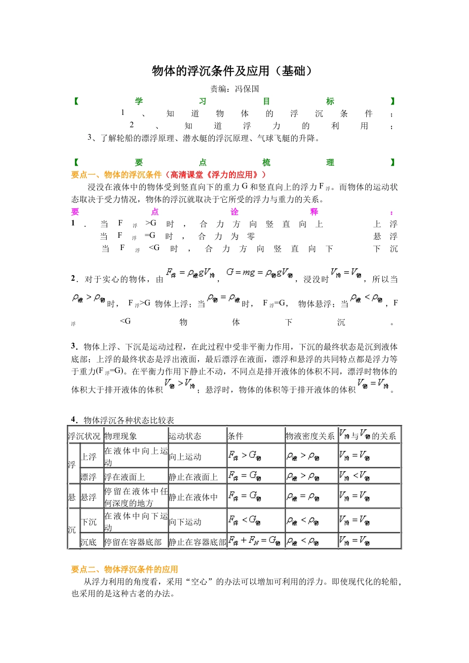 初二物理下册-物体的浮沉条件及应用(基础)知识讲解.docx_第1页
