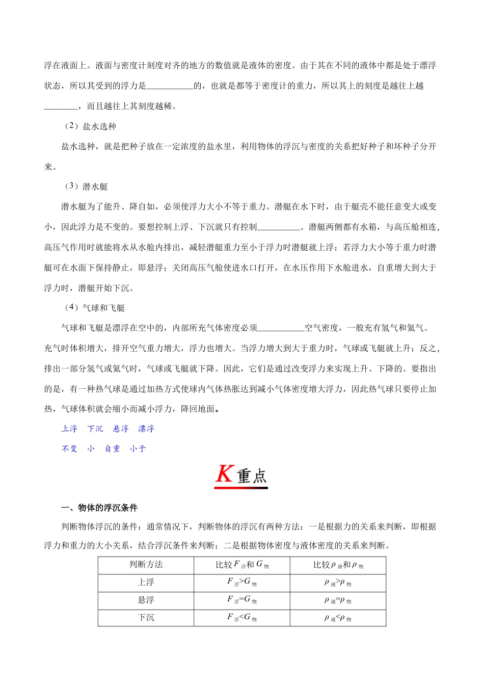 初二物理下册-专题10.3 物体的浮沉条件及应用-初中物理同步讲义.docx_第2页