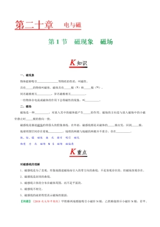 人教版初三物理-专题20.1 磁现象  磁场-初中物理同步讲义.docx