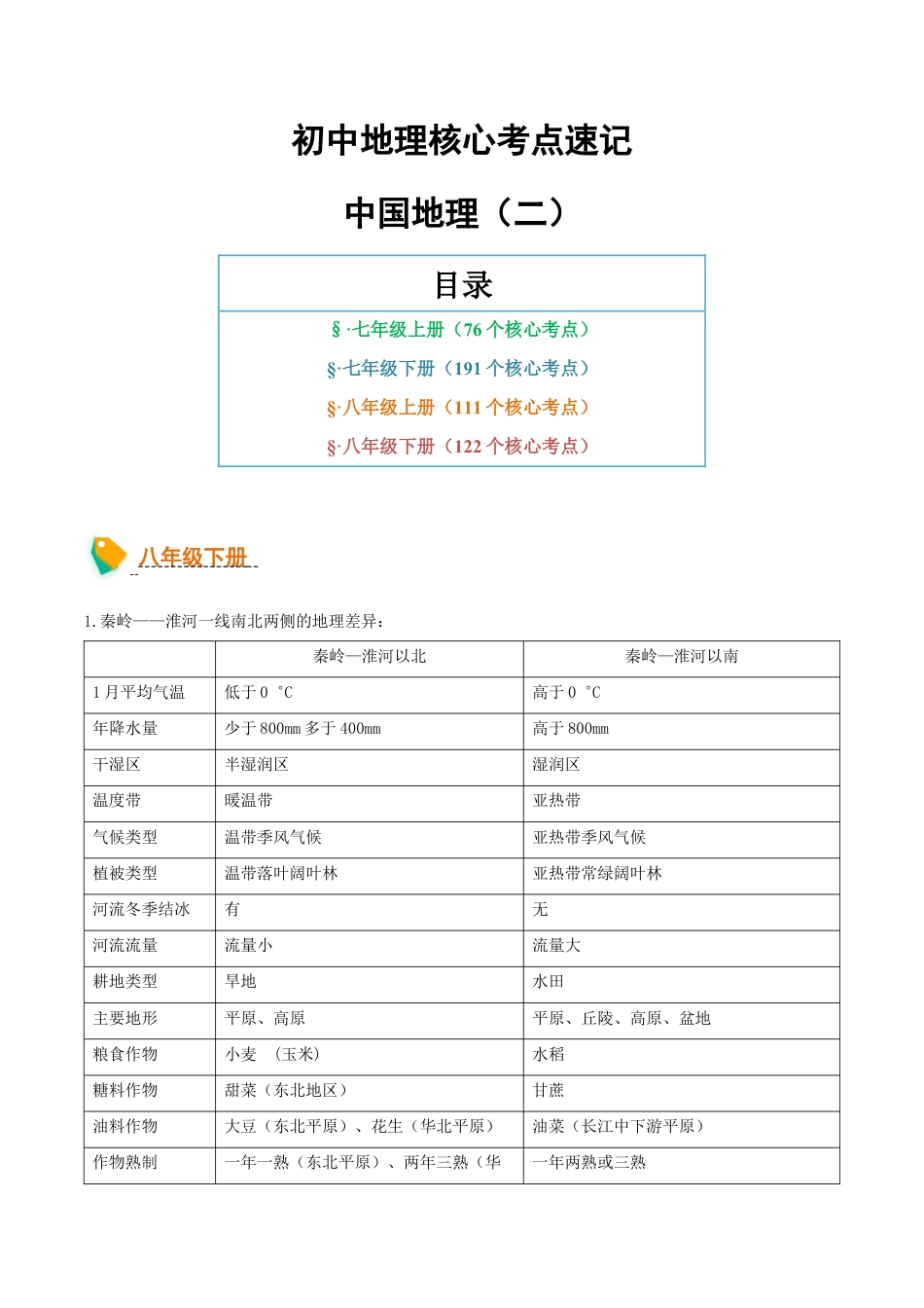 初中地理核心考点速记(中国地理二)-2026年会考地理知识点梳理.docx_第1页