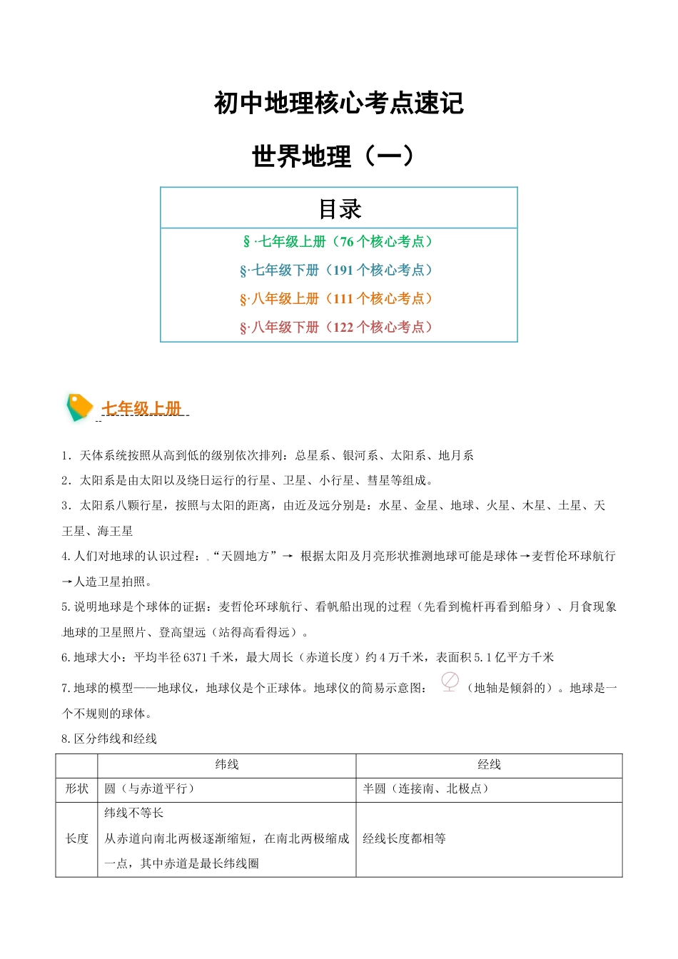 初中地理核心考点速记(世界地理一)-2026年会考地理知识点梳理.docx_第1页