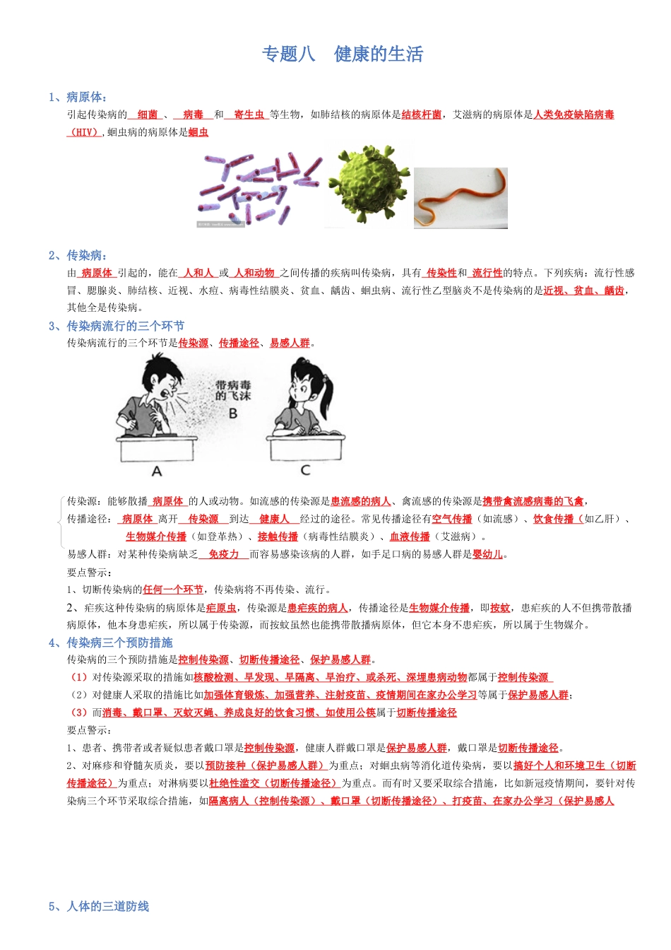 2026年生物会考知识梳理-专题08 健康的生活(背诵版).docx_第1页
