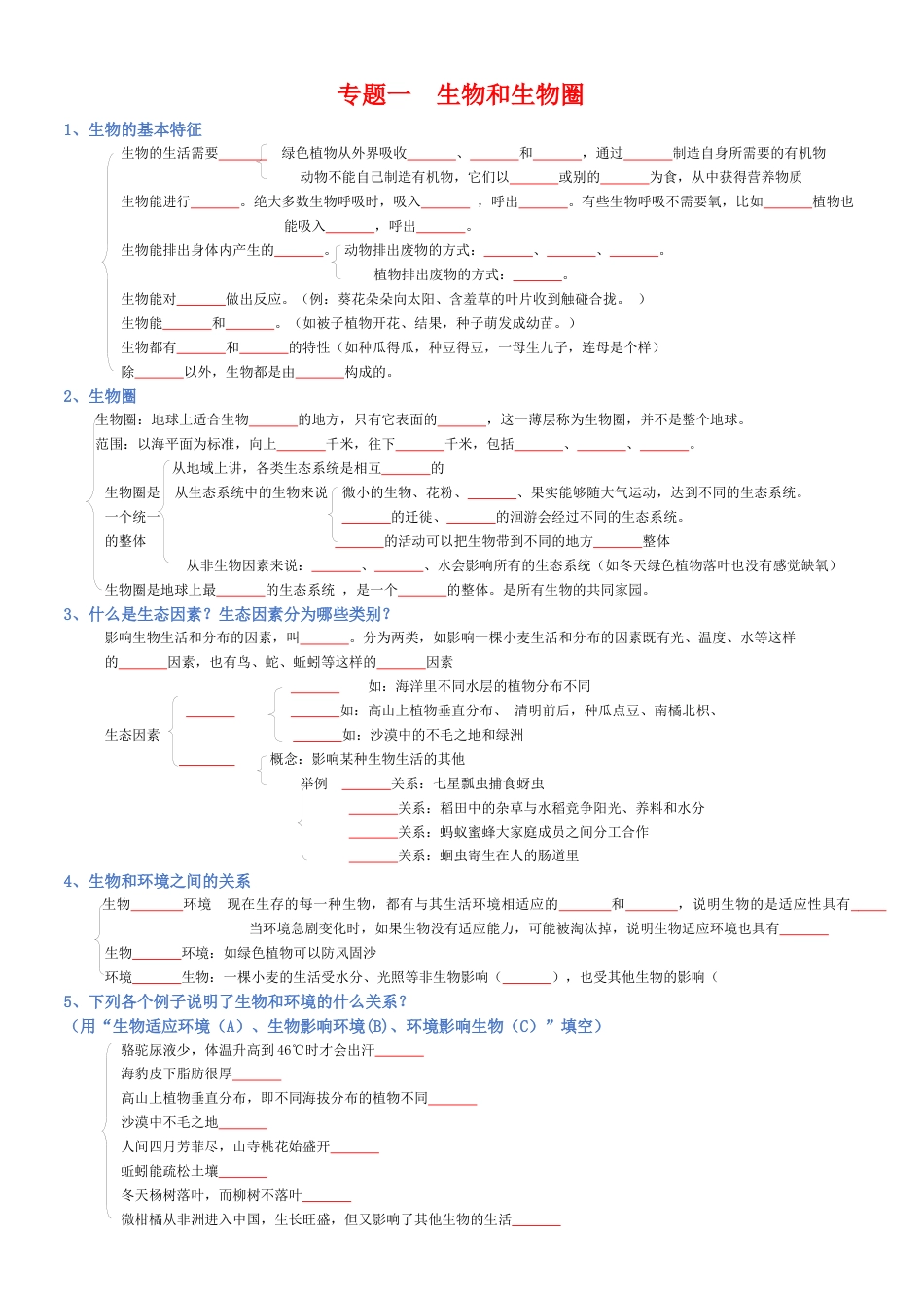 2026年生物会考知识梳理-专题01 生物和生物圈(填空版).docx_第1页