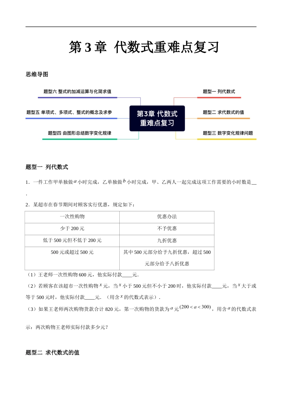 苏科版七年级上数学-第3章 代数式重难点复习(6大题型)(原卷版).docx_第1页