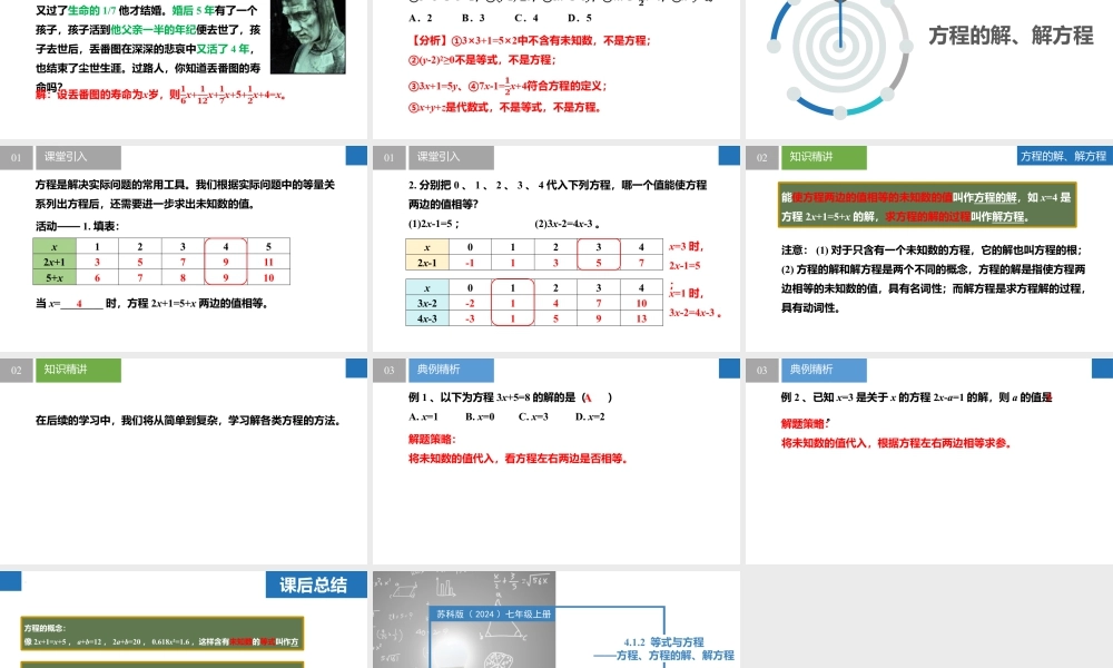 4.1.2等式与方程-方程、方程的解、解方程- 2024-2025学年七年级数学上册同步精品课件(苏科版).pptx