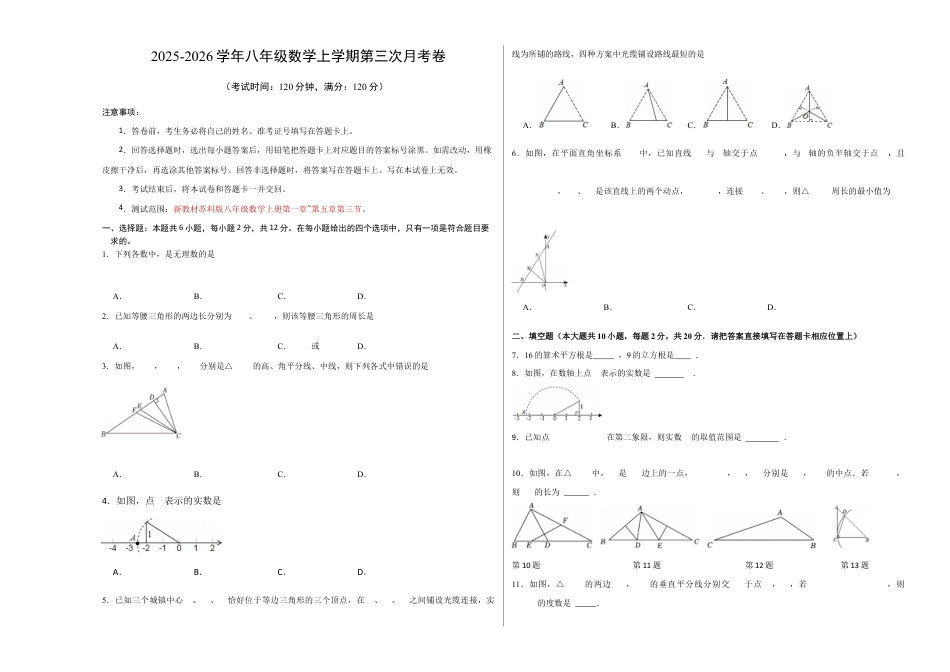 八年级数学第三次月考卷【测试范围:新教材苏科版八上第一章~第五章第三节】(考试版A3).docx_第1页