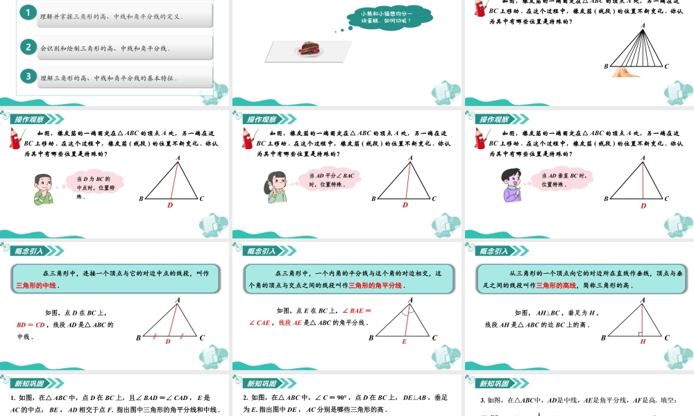 苏科版数学八上-1.1三角形中的线段和角(第2课时 三角形的中线、角平分线、高)(教学课件) .pptx