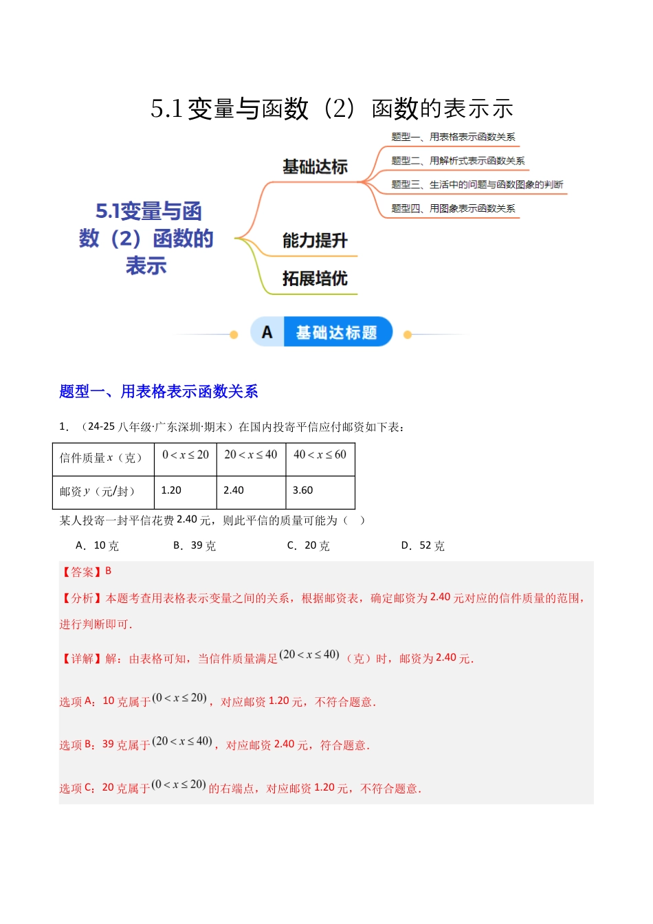 苏科版数学八上-5.1变量与函数(2)函数的表示(题型专练)(解析版).docx_第1页