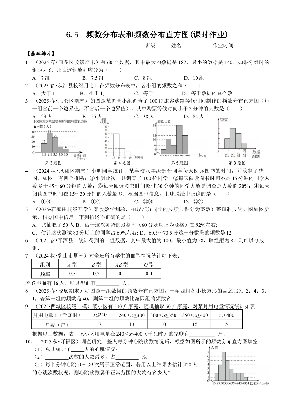 6.5 频数分布表和频数分布直方图 课时作业 2025-2026学年苏科版 八年级数学下册.docx_第1页