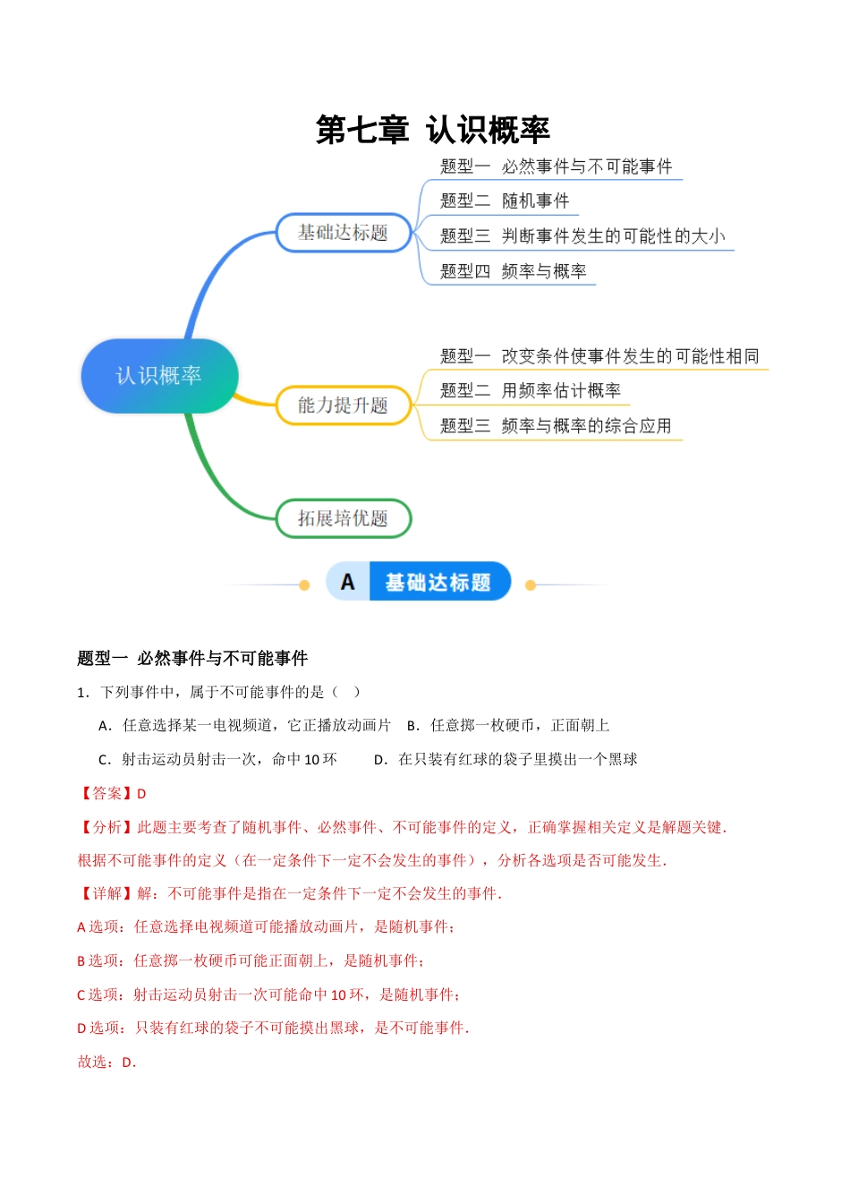 苏科版八年级数学下册-第七章 认识概率 (题型专练)(解析版).docx_第1页