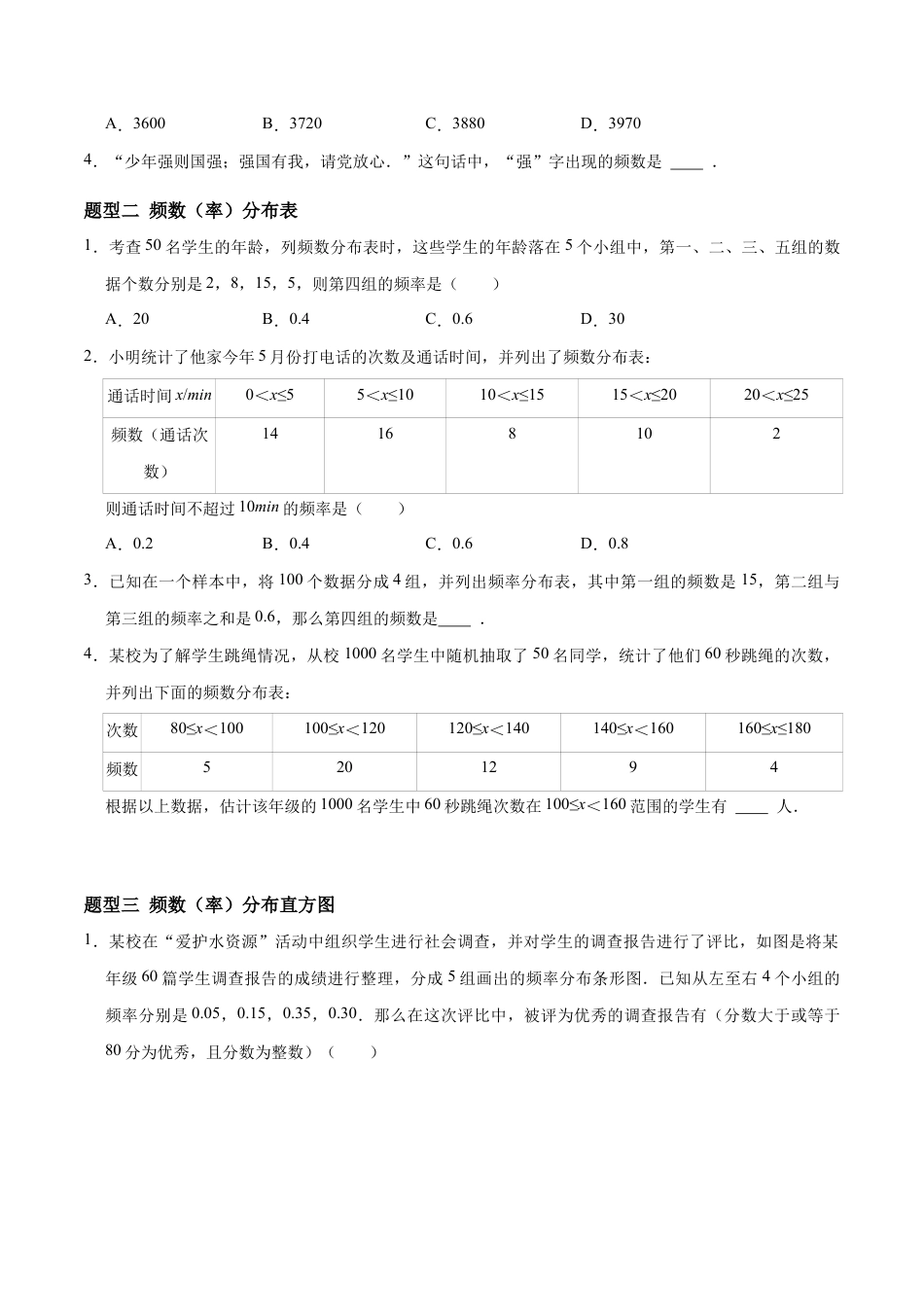 苏科版八年级数学下册-6.3-6.6频数与频率、频数分布表和频数分布直方图、统计案例:货比三家与初中生的视力情况调查(题型专练)(原卷版).docx_第2页