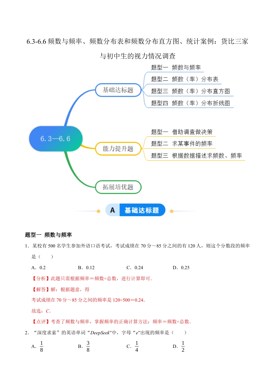 苏科版八年级数学下册-6.3-6.6频数与频率、频数分布表和频数分布直方图、统计案例:货比三家与初中生的视力情况调查(题型专练)(解析版).docx_第1页